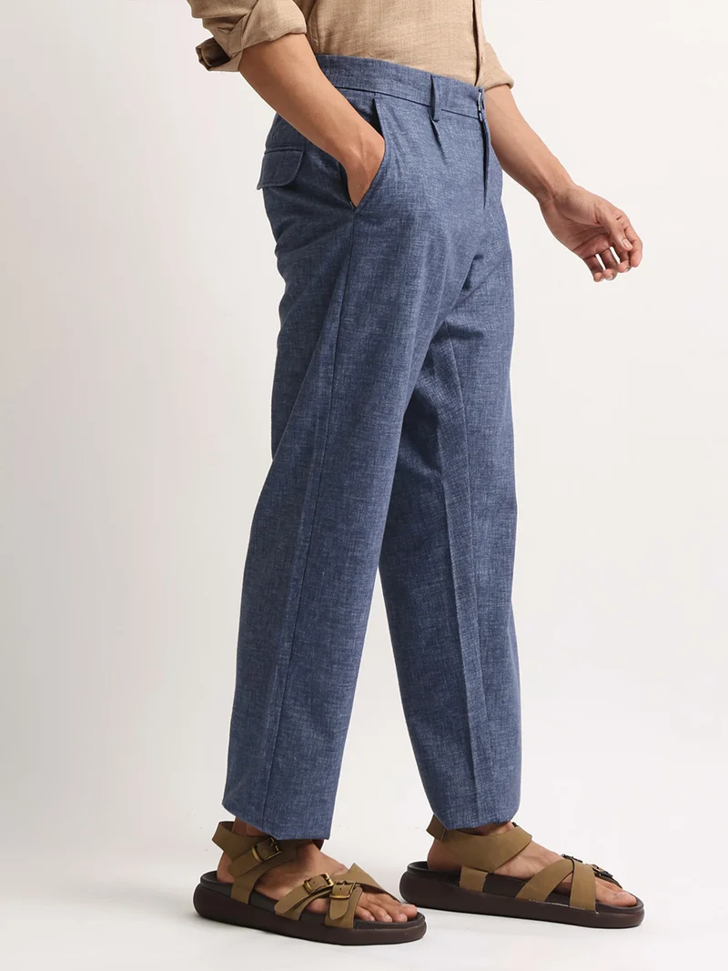 Maniac Maniac Mens Solid Blue Turkish Linen Cotton Blend Trouser